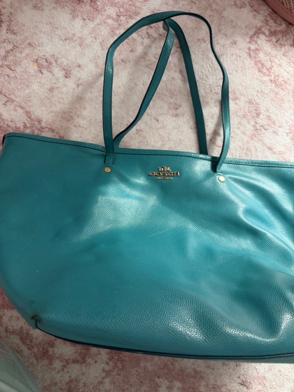 Coach Teal Pebbled Leather Tote with Gold Hardware